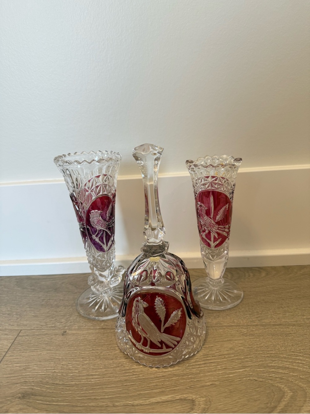 Vintage Hofbauer Byrdes Lead Crystal Set - Ruby Red Cut to Clear Bird vases bell